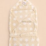 Cream coloured soft velvet baby wrapper with hood and teddy embroidery