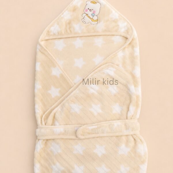 Cream coloured soft velvet baby wrapper with hood and teddy embroidery