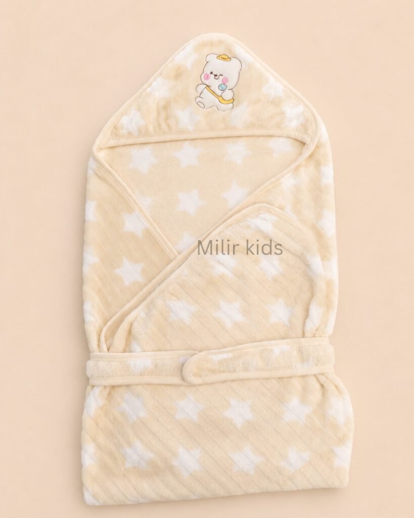 Cream coloured soft velvet baby wrapper with hood and teddy embroidery