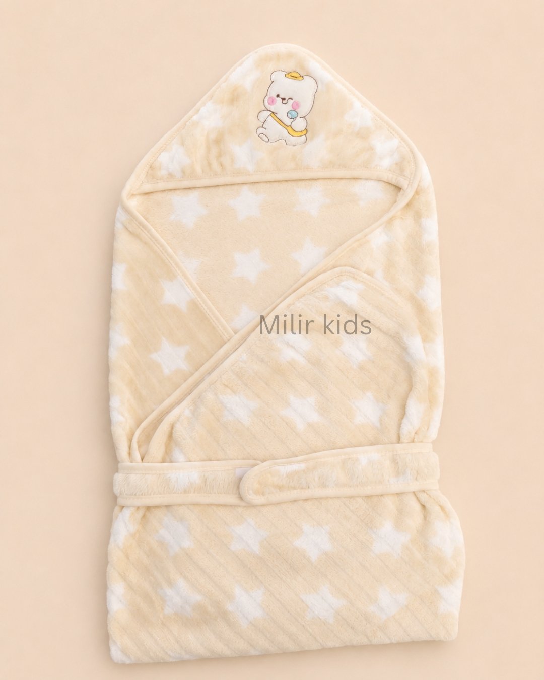 baby-wrapper-cream-star-print Cream coloured soft velvet baby wrapper with hood and teddy embroidery