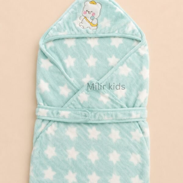 Mint green premium baby wrapper with hood, star print and adjustable belt for newborns