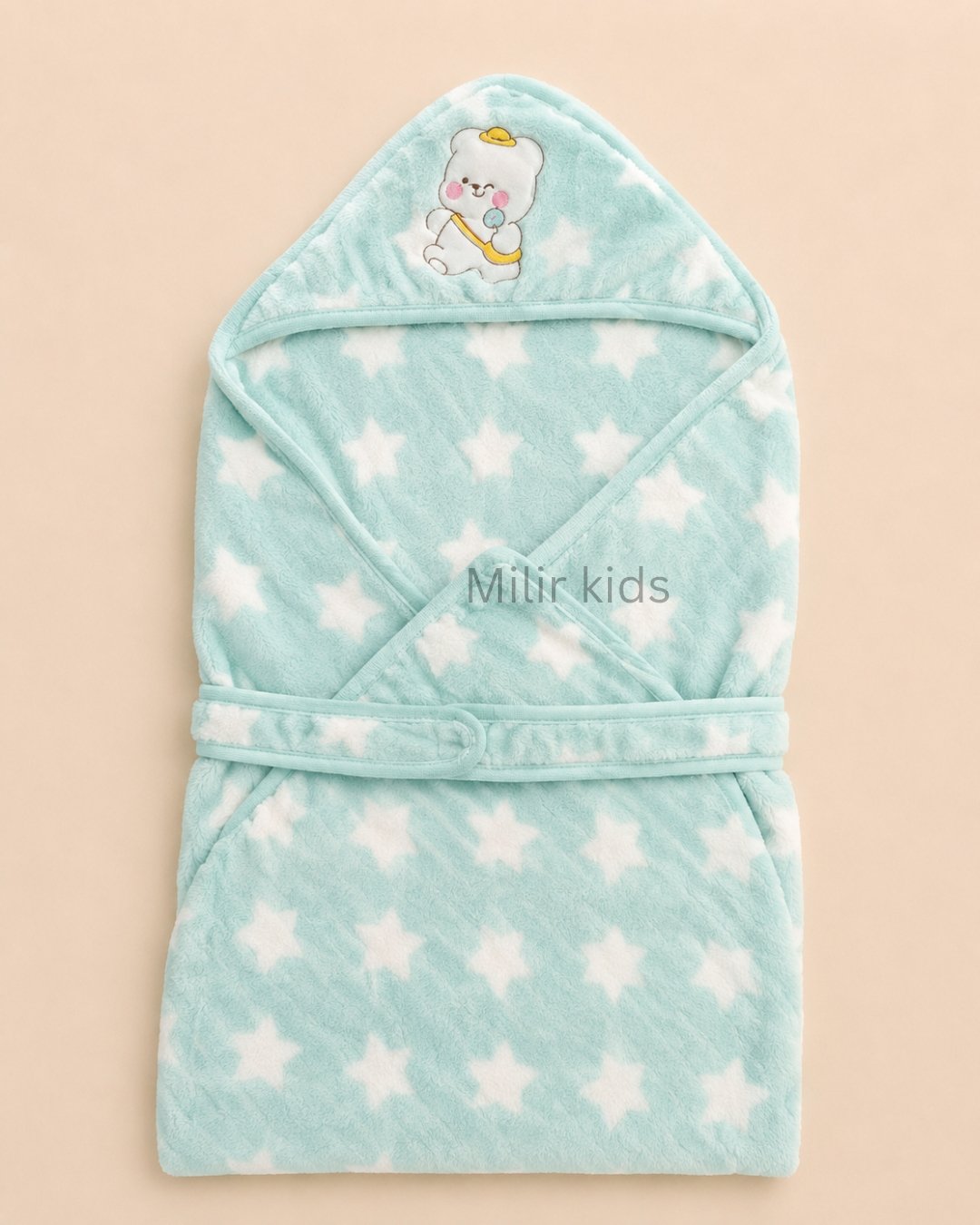 baby-wrapper-mint-green-star-print Mint green premium baby wrapper with hood, star print and adjustable belt for newborns