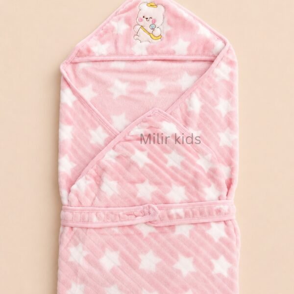 Pink premium newborn baby wrapper with hood and star print receiving blanket