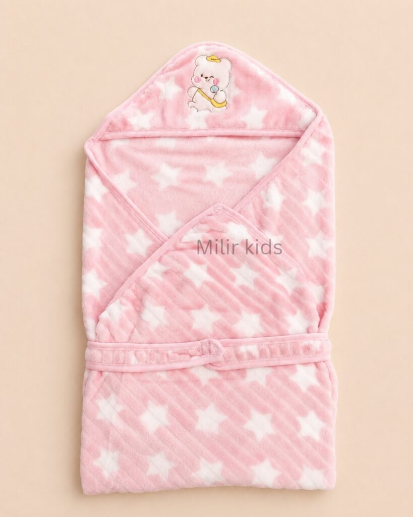 Pink premium newborn baby wrapper with hood and star print receiving blanket