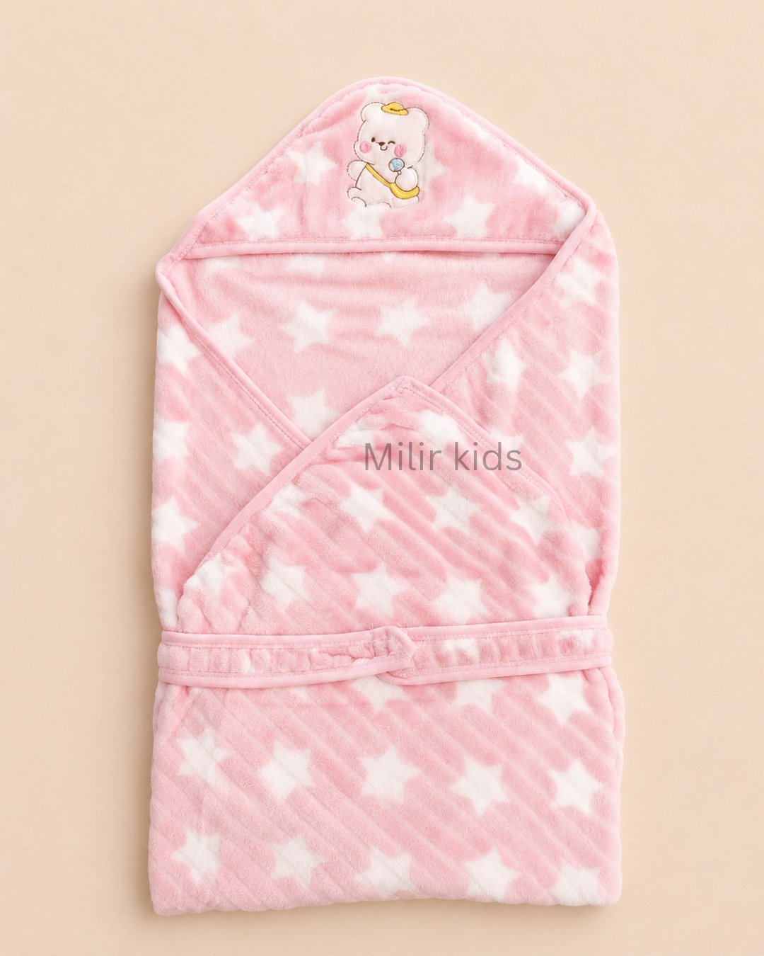 baby-wrapper-pink-star-print Pink premium newborn baby wrapper with hood and star print receiving blanket