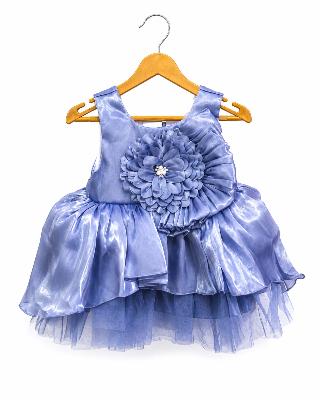 Blue floral ruffle party frock for baby girls
