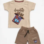 Boys beige 3D embossed chocolate print T-shirt and shorts set