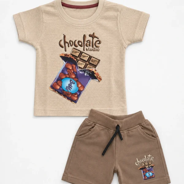 Boys beige 3D embossed chocolate print T-shirt and shorts set
