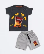 Boys charcoal grey 3D embossed chips print T-shirt and shorts set