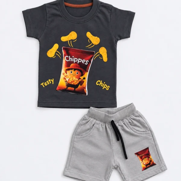 Boys charcoal grey 3D embossed chips print T-shirt and shorts set