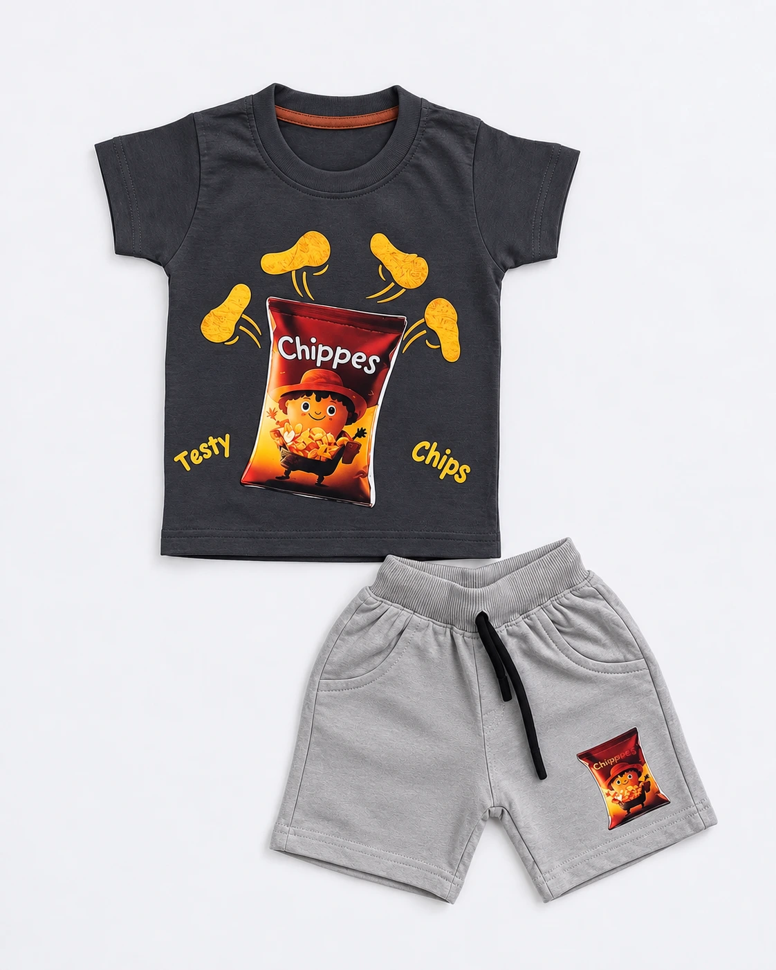 Boys charcoal grey 3D embossed chips print T-shirt and shorts set