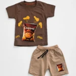 Boys chocolate brown 3D embossed chips print T-shirt and shorts set