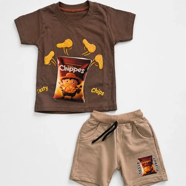 Boys chocolate brown 3D embossed chips print T-shirt and shorts set