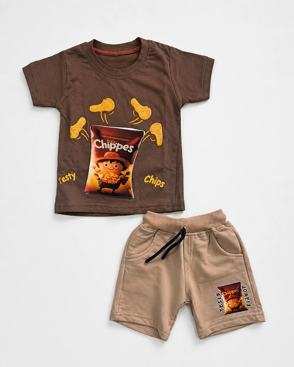 Boys chocolate brown 3D embossed chips print T-shirt and shorts set