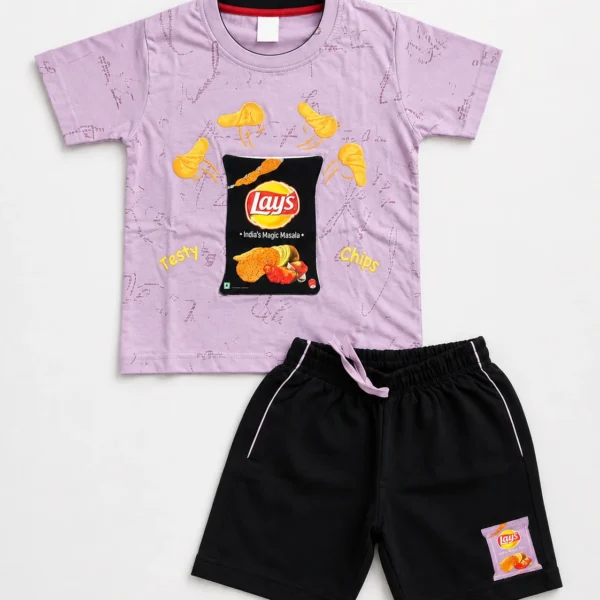 Boys lavender 3D embossed chips print T-shirt and shorts set