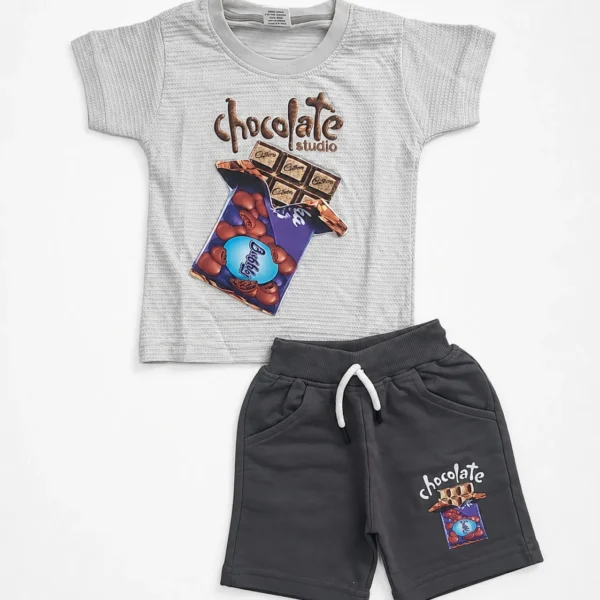 Boys light grey 3D embossed chocolate print T-shirt and shorts set