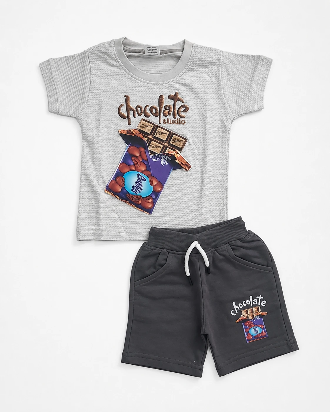 Boys light grey 3D embossed chocolate print T-shirt and shorts set