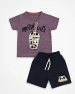 Boys mauve 3D embossed boba tea print T-shirt and shorts set
