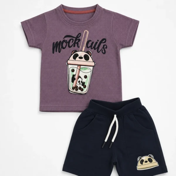 Boys mauve 3D embossed boba tea print T-shirt and shorts set