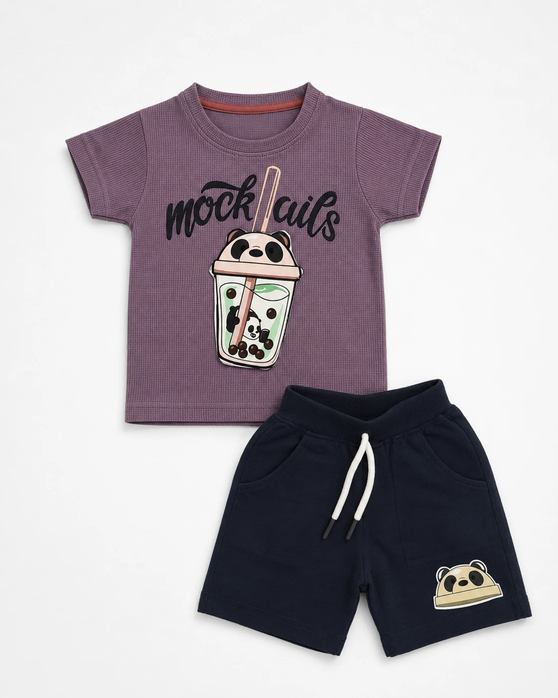 Boys mauve 3D embossed boba tea print T-shirt and shorts set