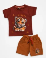 Boys rust brown 3D embossed tiger print T-shirt and shorts set