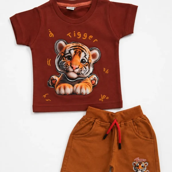 Boys rust brown 3D embossed tiger print T-shirt and shorts set
