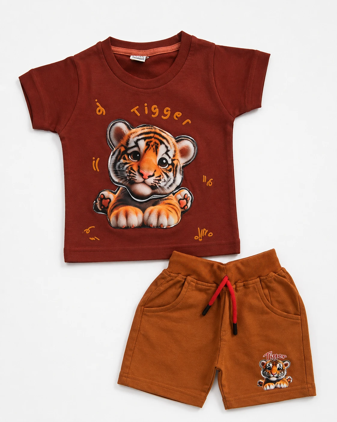 Boys rust brown 3D embossed tiger print T-shirt and shorts set