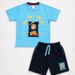 Boys sky blue 3D embossed chips print T-shirt and shorts set