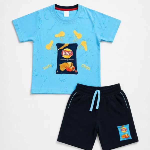 Boys sky blue 3D embossed chips print T-shirt and shorts set