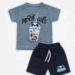 Boys steel blue 3D embossed boba tea print T-shirt and shorts set