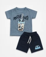 Boys steel blue 3D embossed boba tea print T-shirt and shorts set