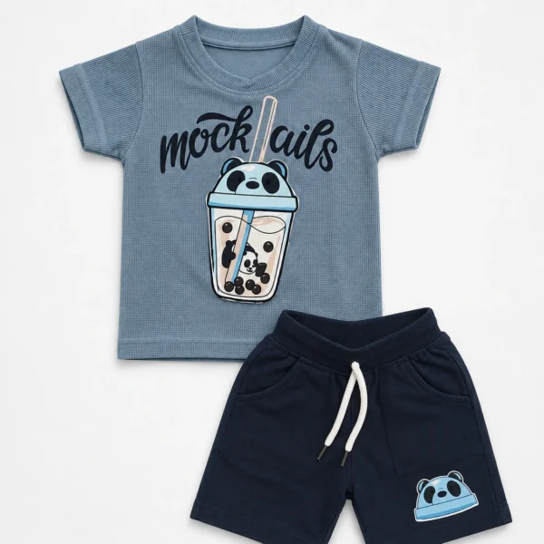 Boys steel blue 3D embossed boba tea print T-shirt and shorts set