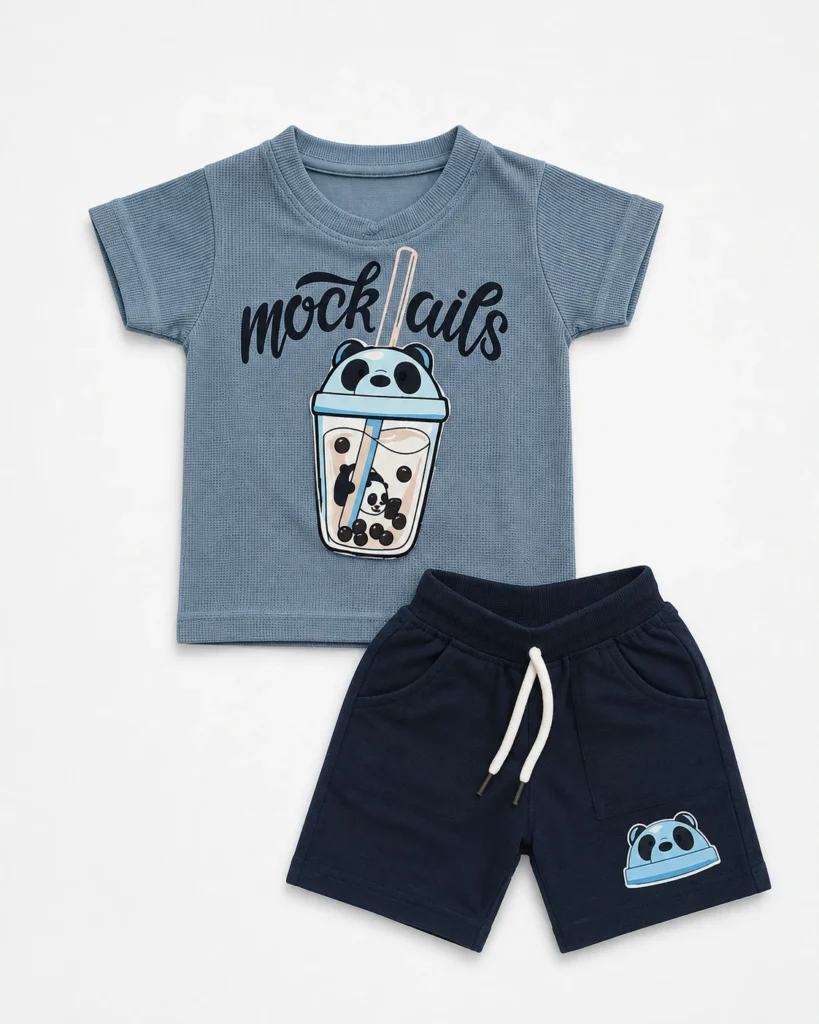 Boys steel blue 3D embossed boba tea print T-shirt and shorts set