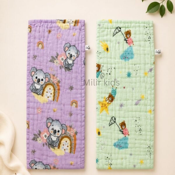 Premium 6 layer muslin burp cloth for babies with assorted cute prints made from soft absorbent cotton