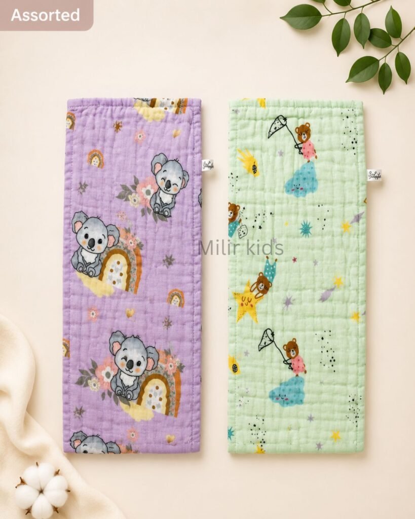 Premium 6 layer muslin burp cloth for babies with assorted cute prints made from soft absorbent cotton