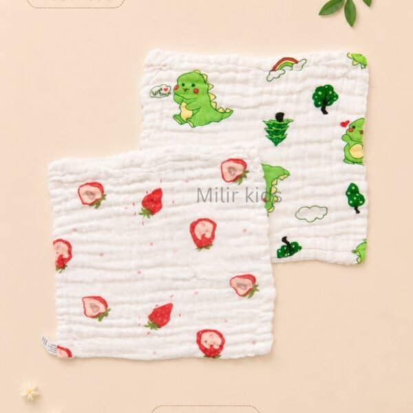 6 layer muslin baby wash cloth with assorted cartoon prints made from soft absorbent cotton