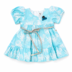 Girls aqua blue floral tiered frock with waist tie