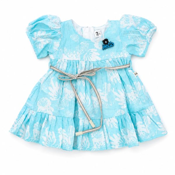 Girls aqua blue floral tiered frock with waist tie