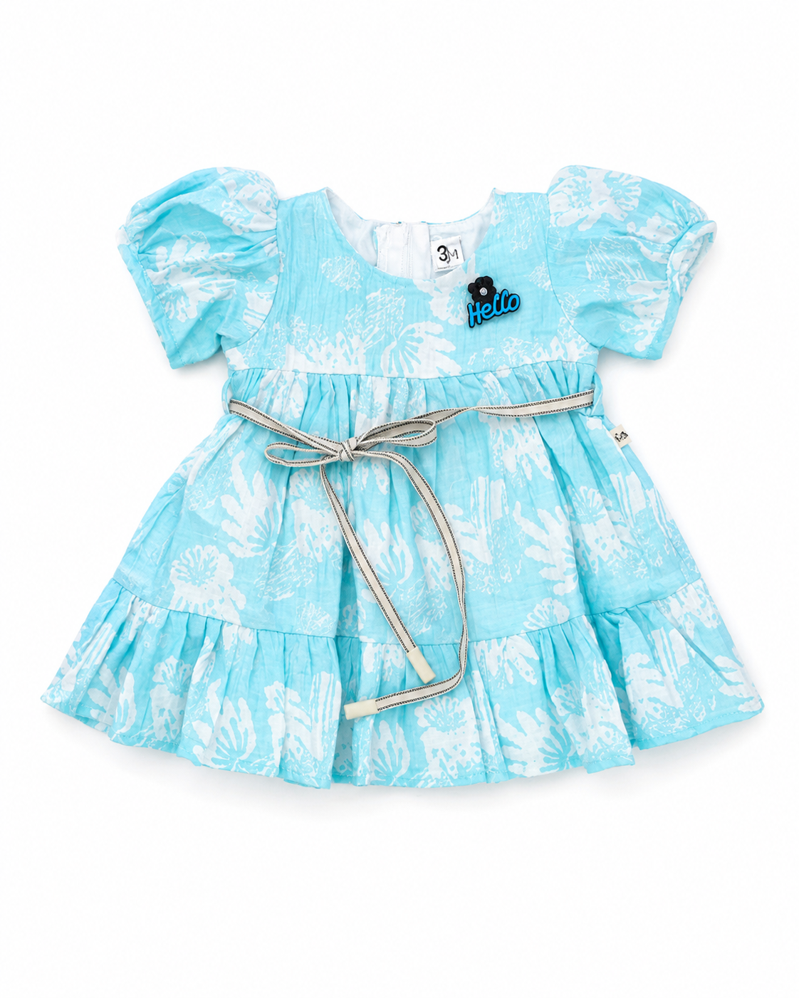 Girls aqua blue floral tiered frock with waist tie
