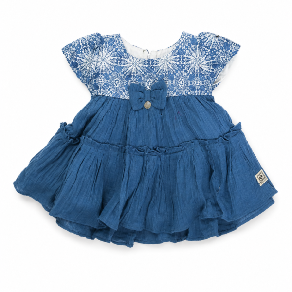 Girls blue floral layered party frock with waist bow