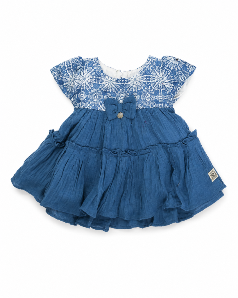 Girls blue floral layered party frock with waist bow