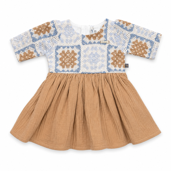 Girls beige and blue floral patchwork frock with gathered skirt