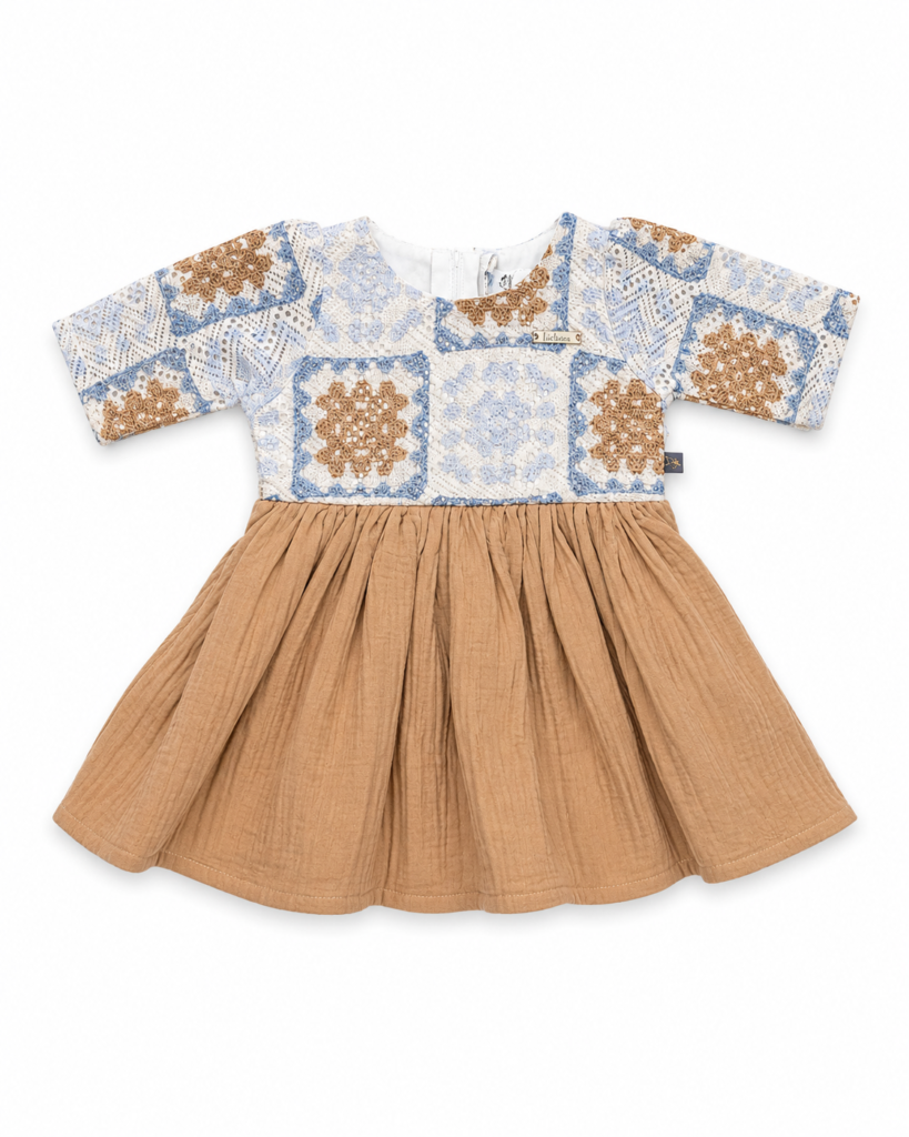 Girls beige and blue floral patchwork frock with gathered skirt