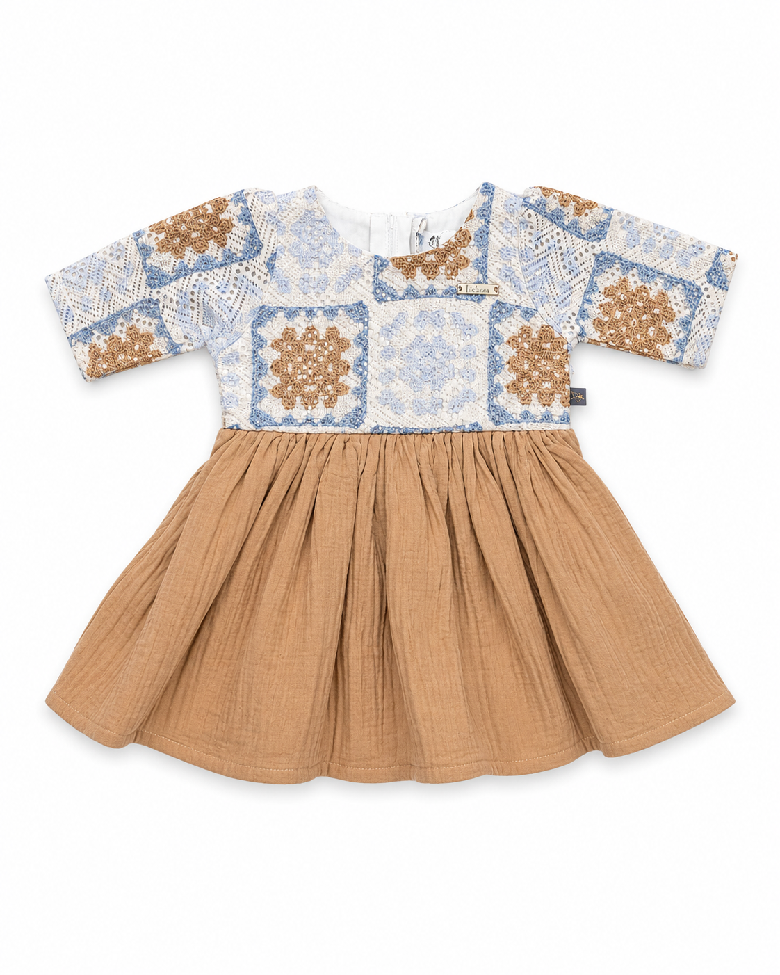 Girls beige and blue floral patchwork frock with gathered skirt