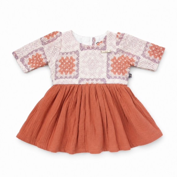 Girls rust and lavender floral patchwork frock with gathered skirt