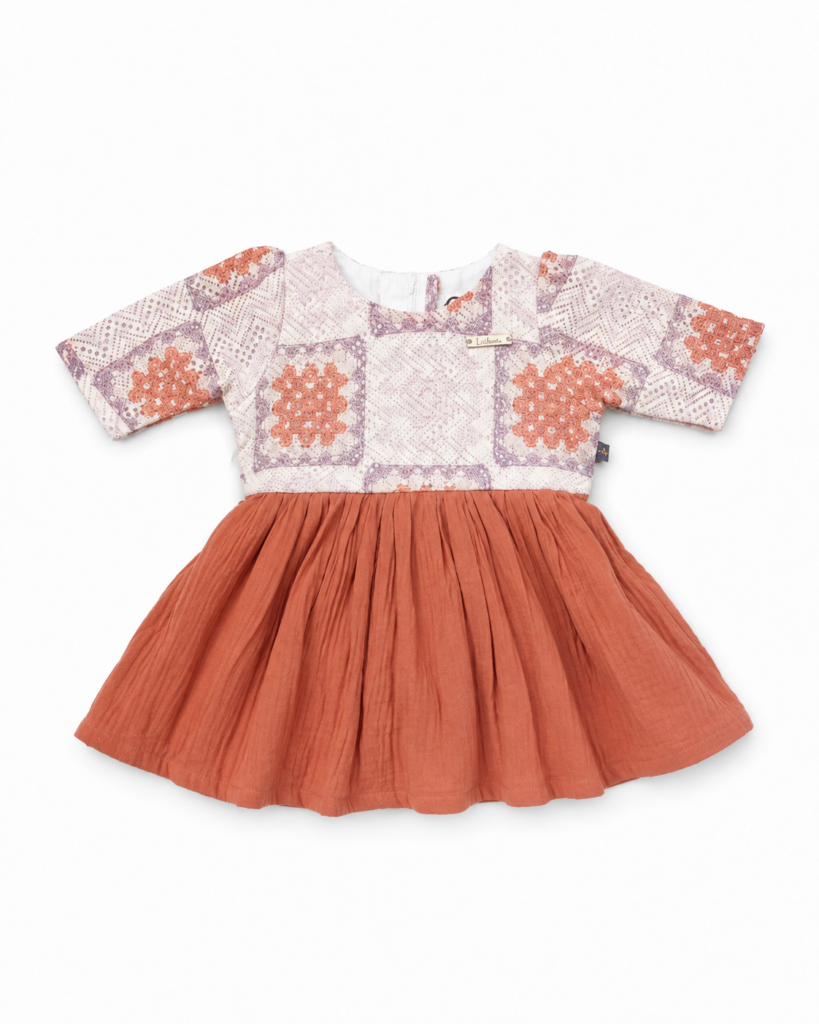 Girls rust and lavender floral patchwork frock with gathered skirt