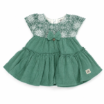 Girls green floral printed layered frock with bow