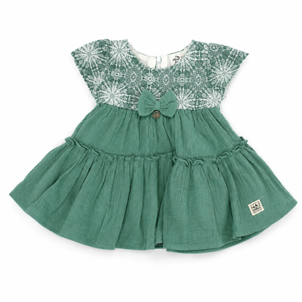 Girls green floral printed layered frock with bow