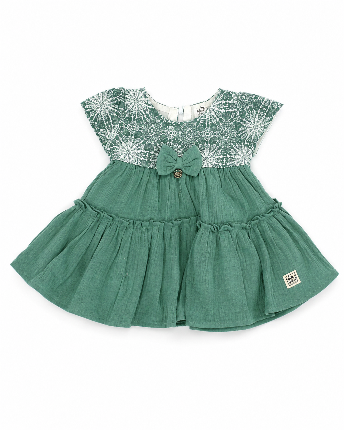 Girls green floral printed layered frock with bow