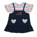 Girls multicolour striped Little Queen dress with navy pinafore